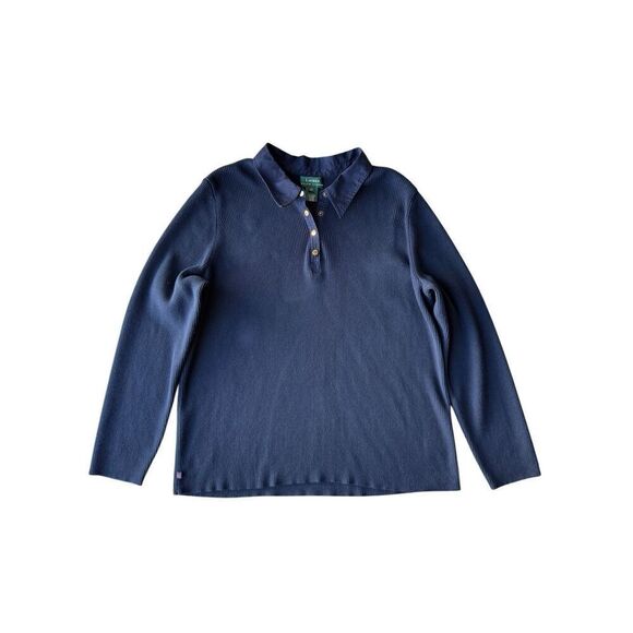 Lauren Ralph Lauren Navy Blue Collard Ribbed Knit Pullover Ling Sleeve top - Picture 4 of 11